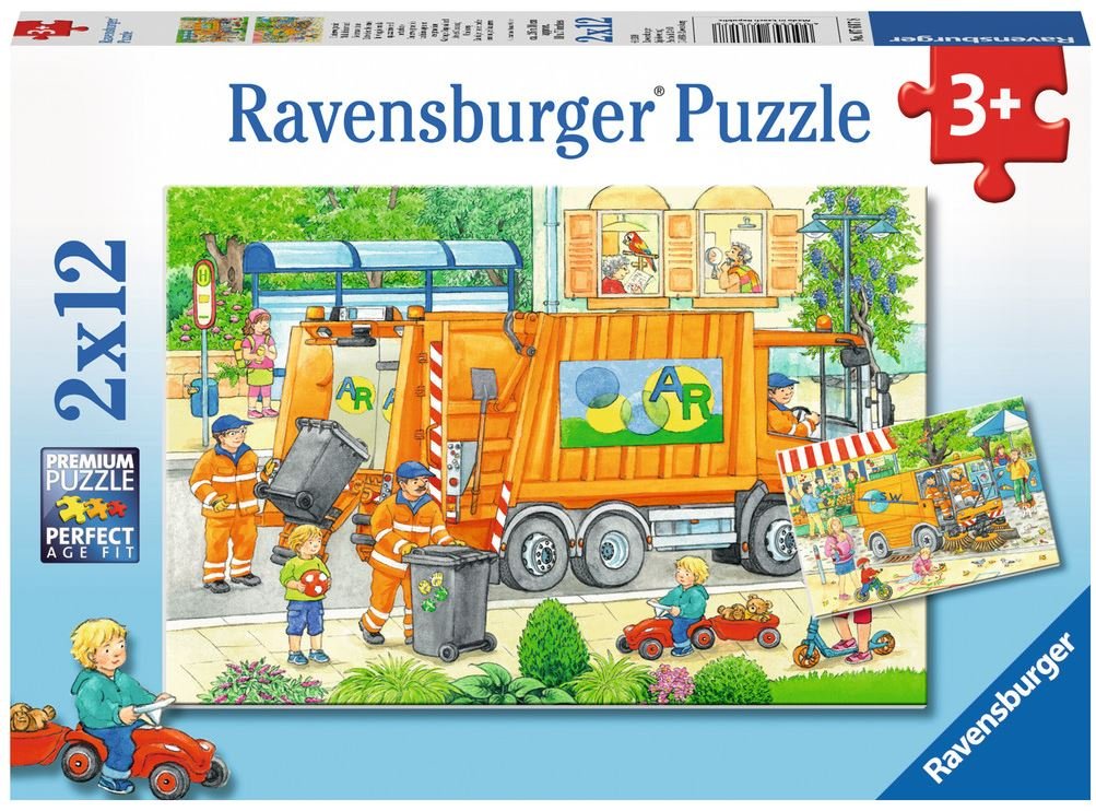 Unterwegs mit Müllabfuhr und Kehrmaschine   - Ravensburger Kinderpuzzle 2x12 Teile